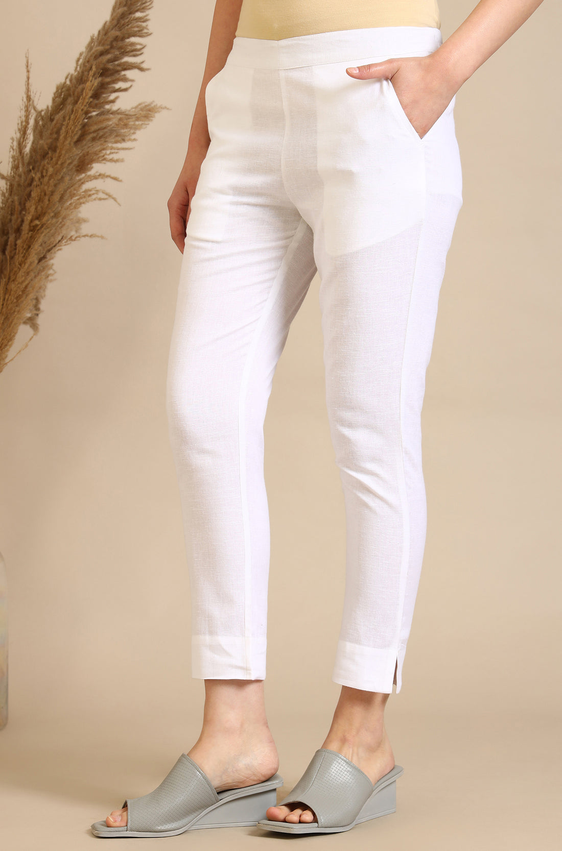 White Solid Cotton Flax Everyday Trousers