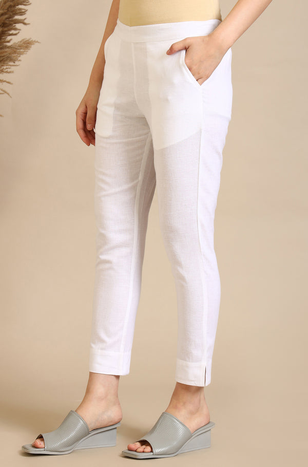 White Solid Cotton Flax Everyday Trousers