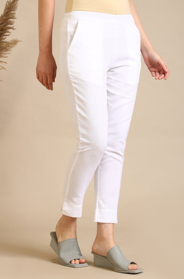 White Solid Cotton Flax Everyday Trousers