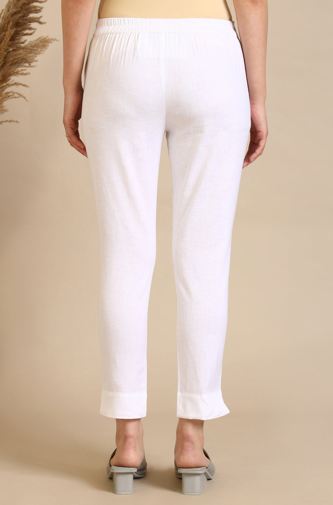 White Solid Cotton Flax Everyday Trousers