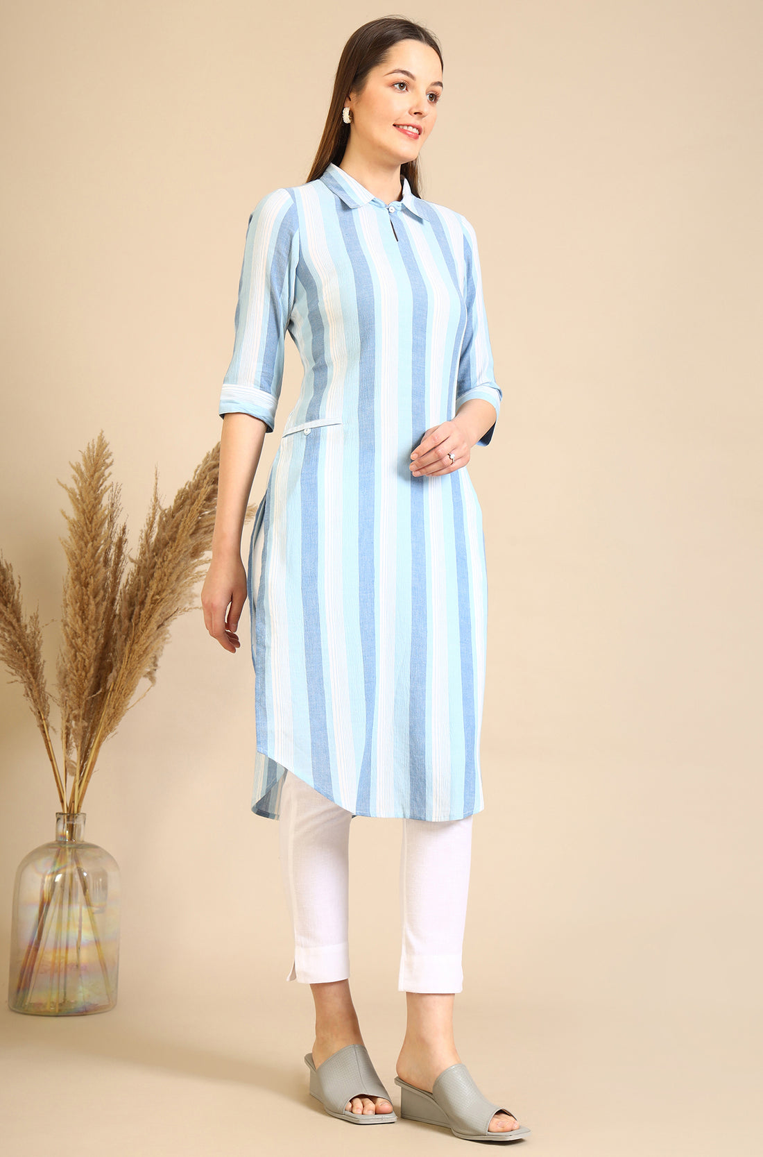 White Solid Cotton Flax Everyday Trousers