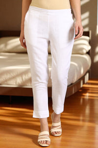 White Solid Rayon Flax Mid-Rise Trousers