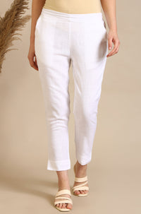 White Solid Rayon Flax Mid-Rise Trousers