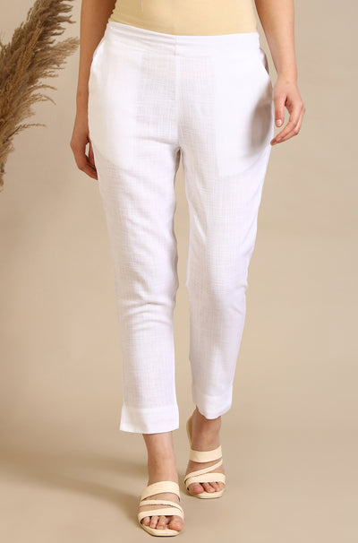 White Solid Rayon Flax Mid-Rise Trousers