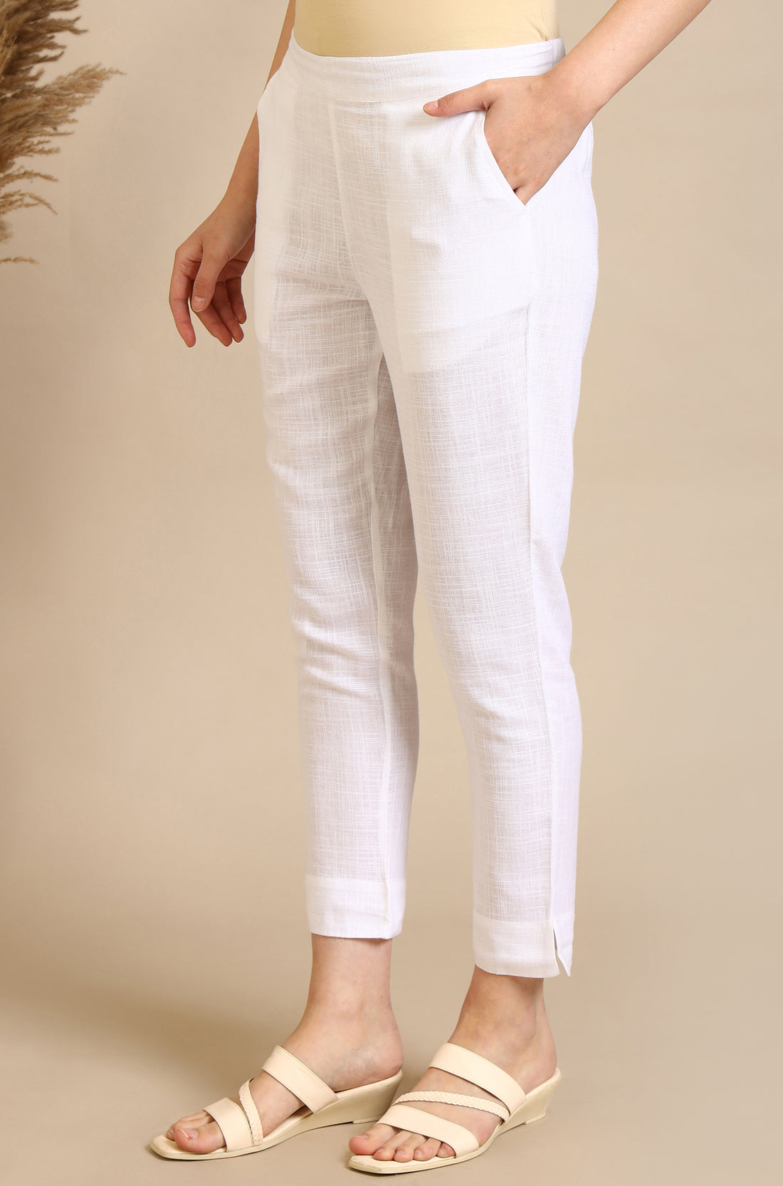 White Solid Rayon Flax Mid-Rise Trousers
