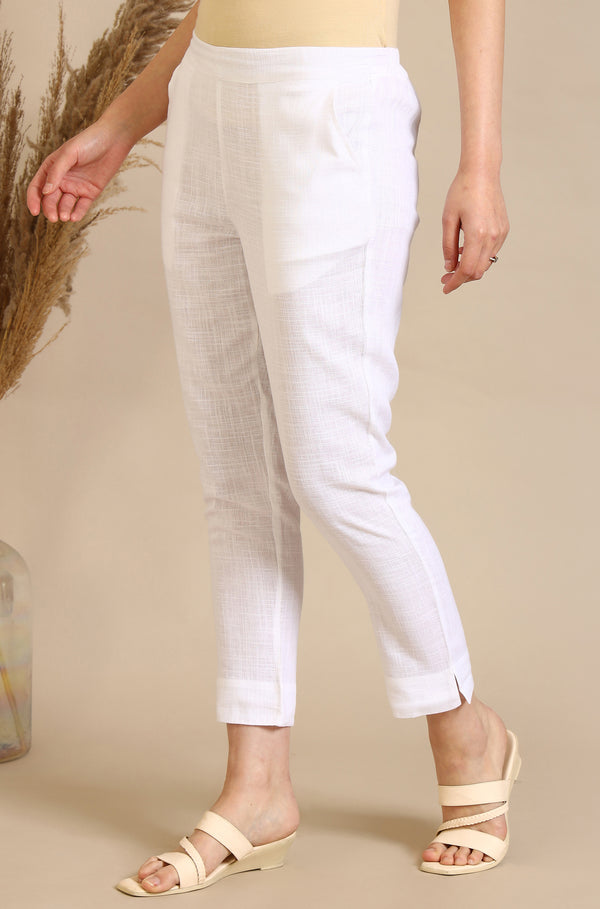 White Solid Rayon Flax Mid-Rise Trousers