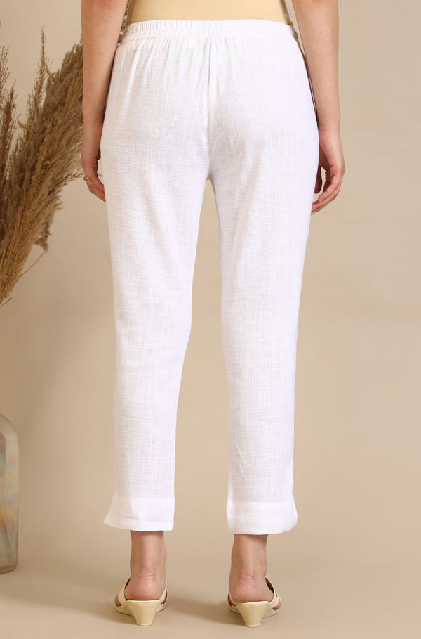 White Solid Rayon Flax Mid-Rise Trousers