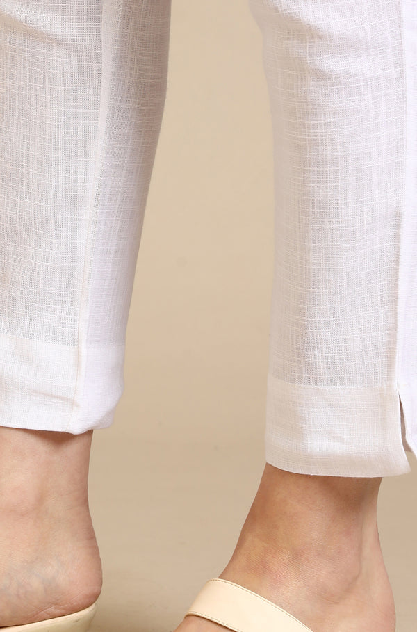 White Solid Rayon Flax Mid-Rise Trousers