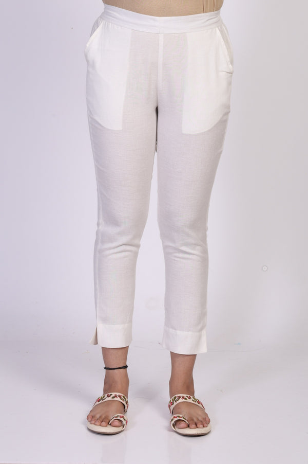 White Solid Pure Cotton Slim Fit Ankle Length Mid Rise Pants