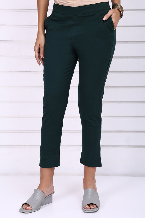 Green Solid Mid-Rise Cotton Trouser