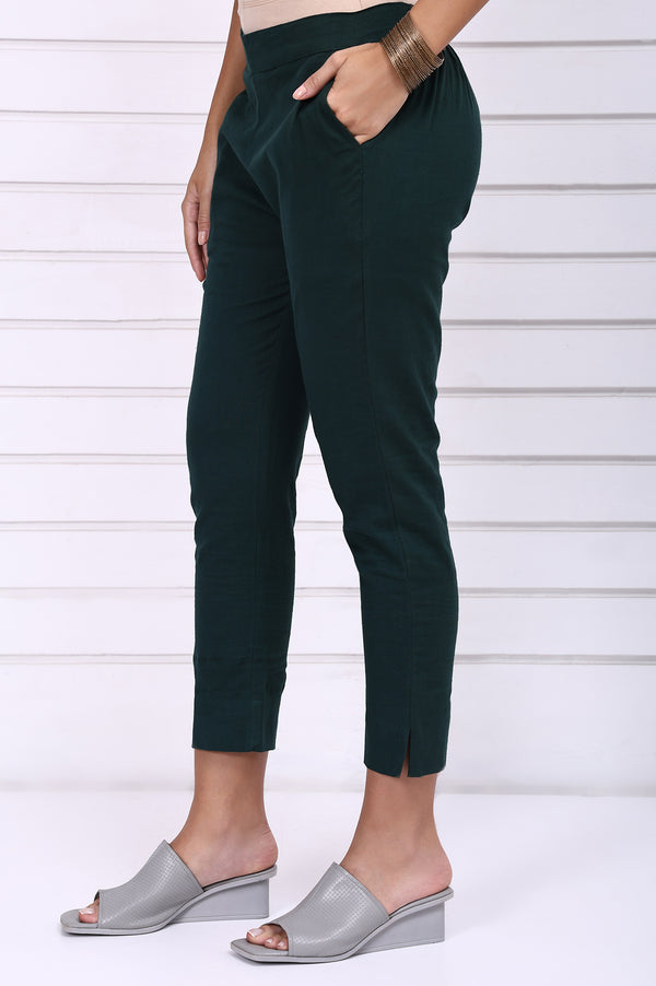 Green Solid Mid-Rise Cotton Trouser