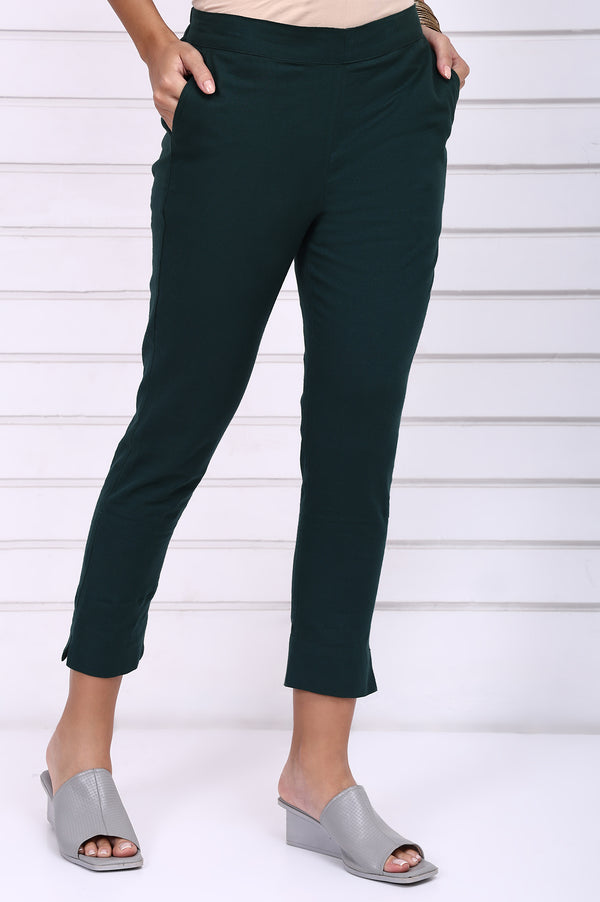 Green Solid Mid-Rise Cotton Trouser
