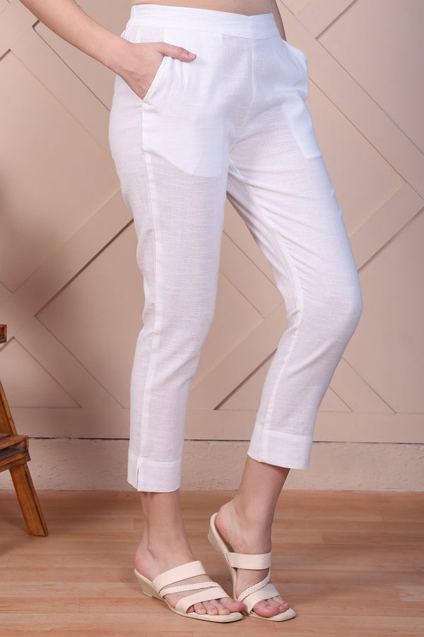 Cream Pure Cotton Mid Rise Ankle Length Straight Trouser