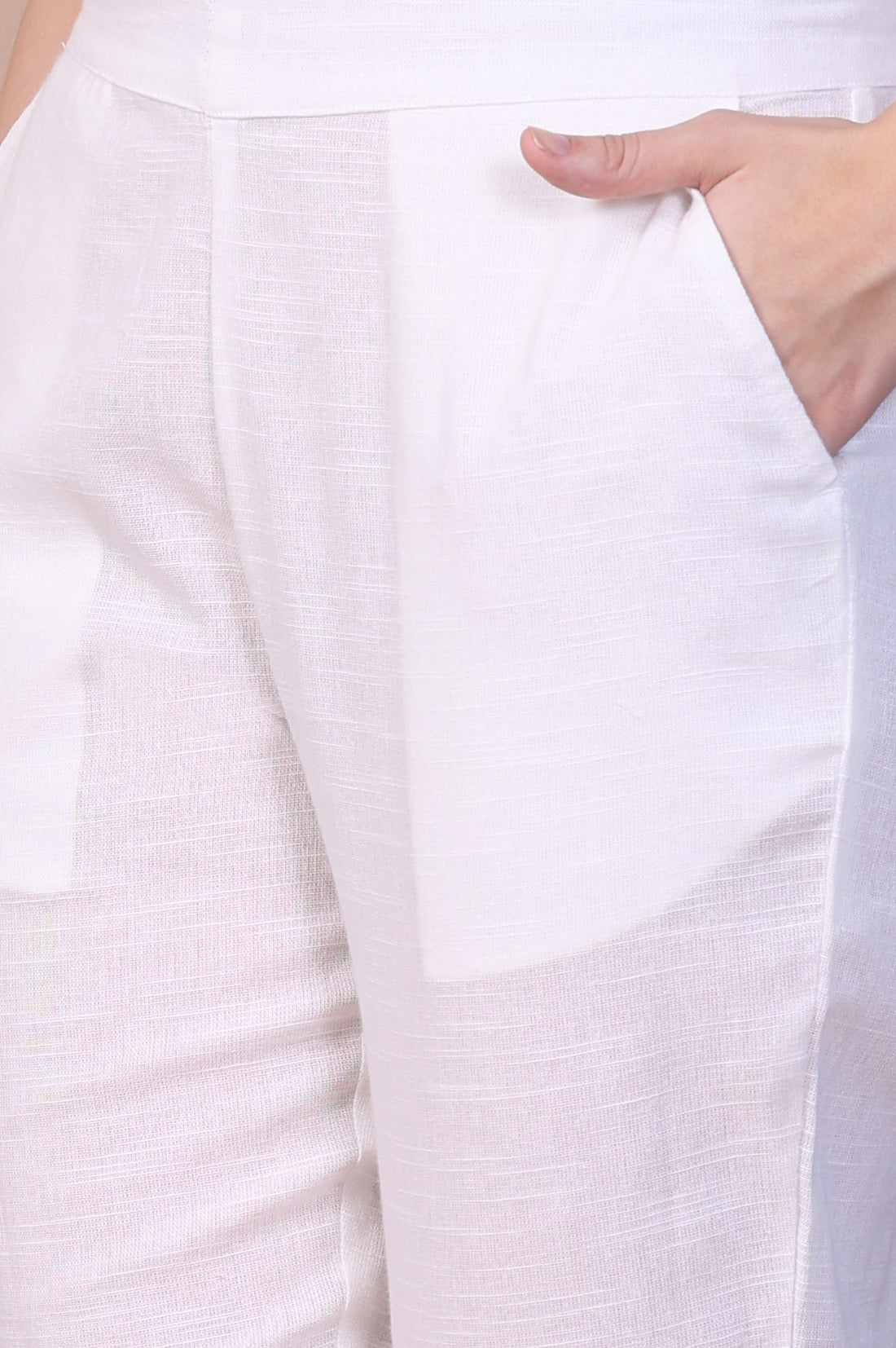 Cream Pure Cotton Mid Rise Ankle Length Straight Trouser