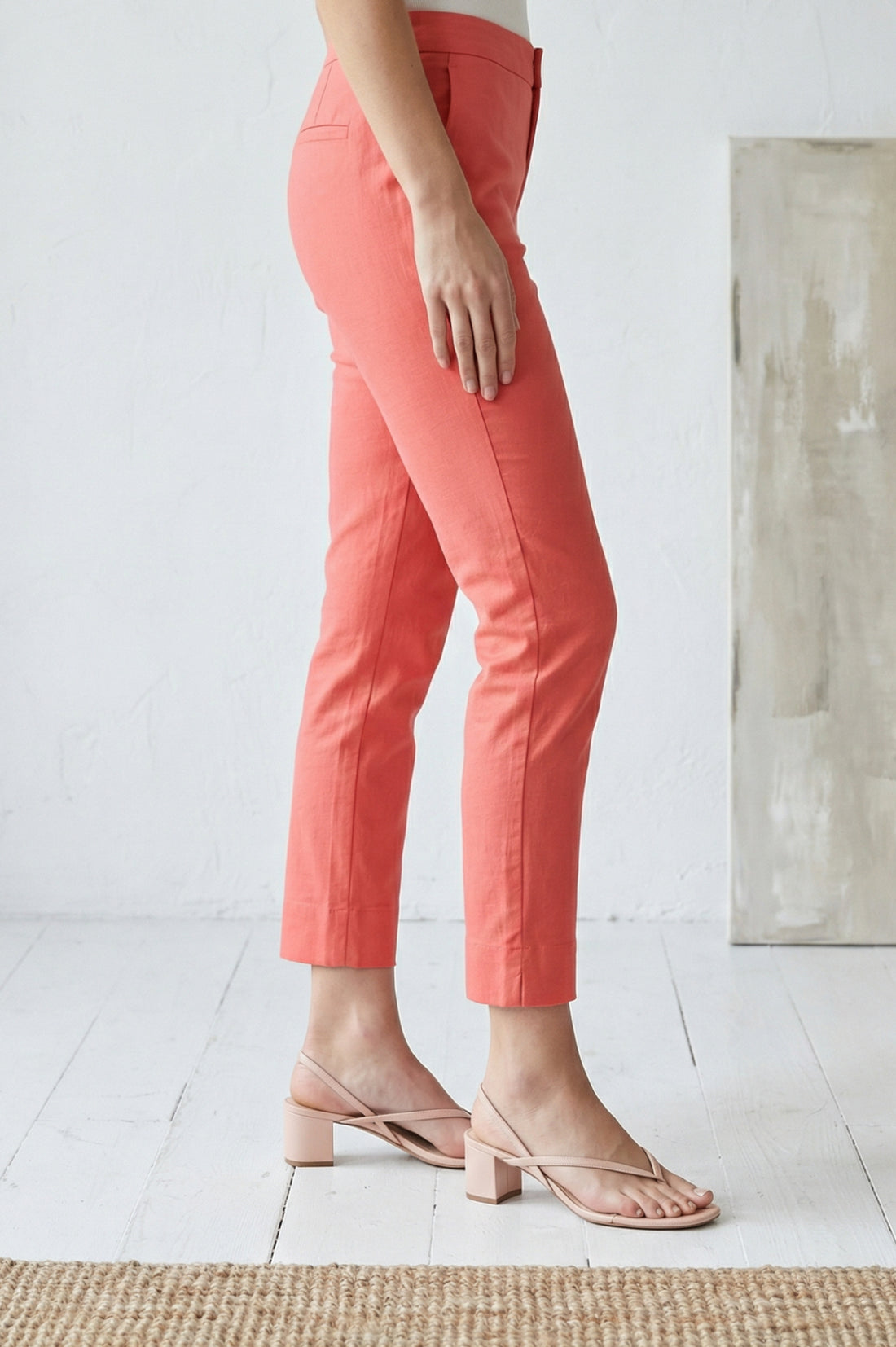 Coral Solid Pure Cotton Slim Fit Ankle Length Trousers