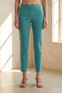 Teal Solid Pure Cotton Slim Fit Ankle Length Trousers
