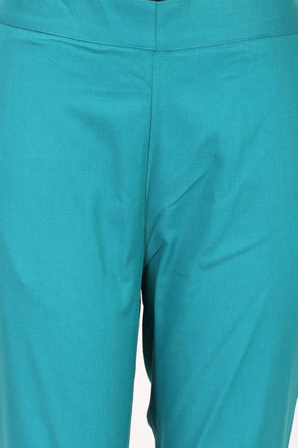 Teal Solid Pure Cotton Slim Fit Ankle Length Trousers