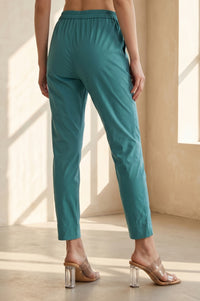 Teal Solid Pure Cotton Slim Fit Ankle Length Trousers