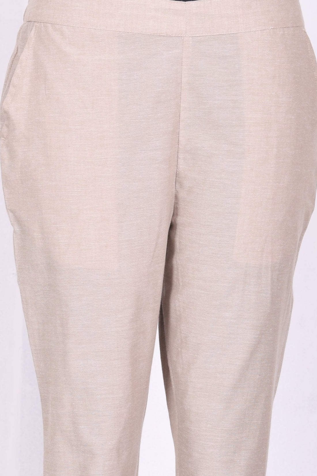Beige Yarn Dyed Solid Pure Cotton Straight Fit Ankle Length Trousers