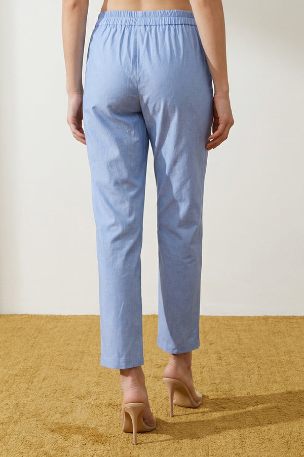 Blue Solid Pure Cotton Slim Fit Ankle Length Trousers