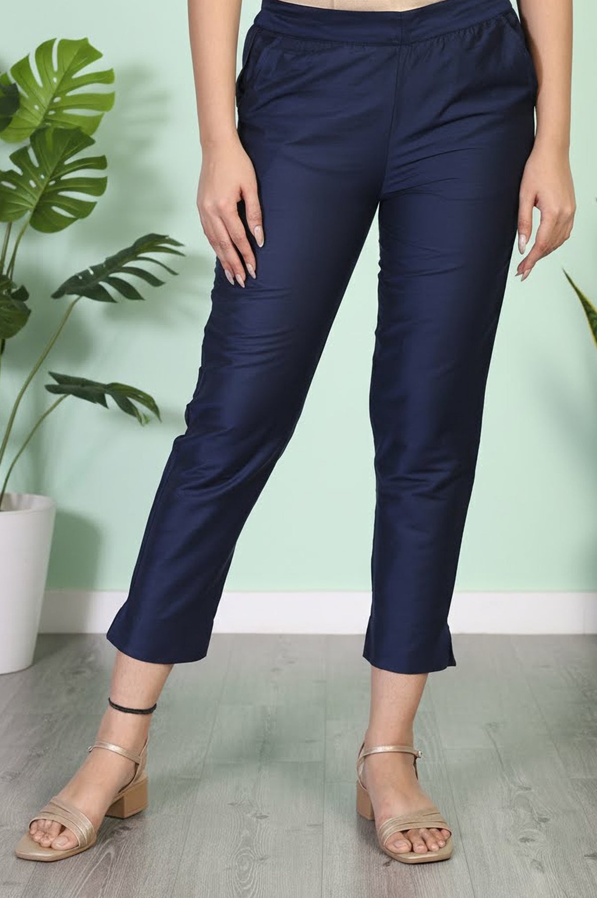 Navy Solid Tapered Viscose Trouser - S