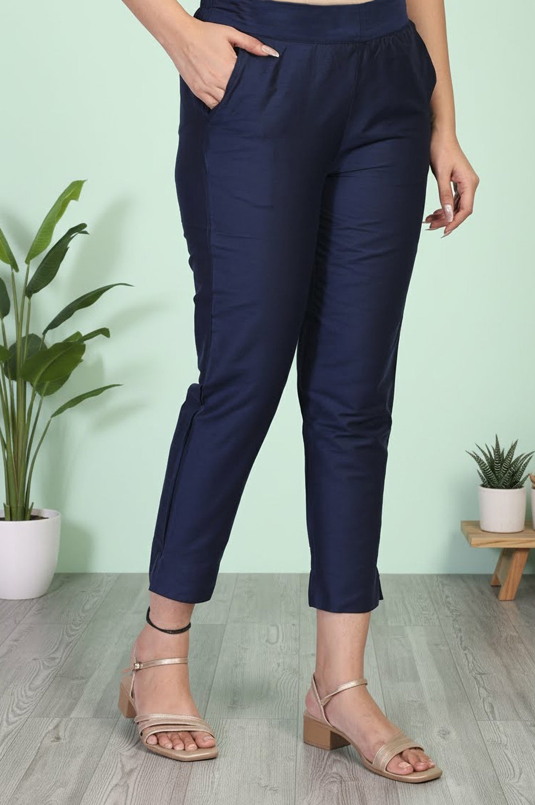 Navy Solid Tapered Viscose Trouser
