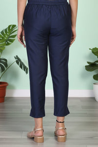 Navy Solid Tapered Viscose Trouser
