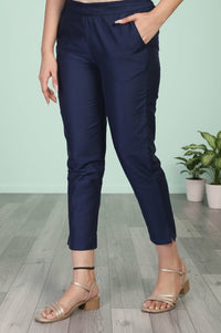 Navy Solid Tapered Viscose Trouser