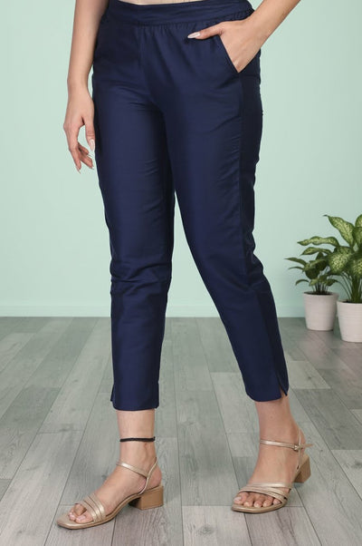 Navy Solid Tapered Viscose Trouser
