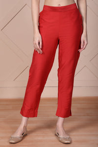 Red Solid Mid Rise Ankle Length Straight Fit Trouser