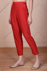 Red Solid Mid Rise Ankle Length Straight Fit Trouser