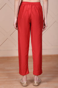 Red Solid Mid Rise Ankle Length Straight Fit Trouser