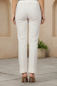 Cream Yarn Dyed Solid Straight Fit Ankle Length Trousers