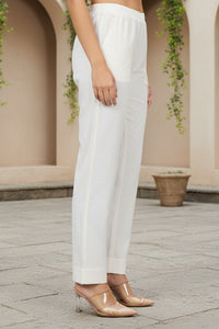 Cream Yarn Dyed Solid Straight Fit Ankle Length Trousers