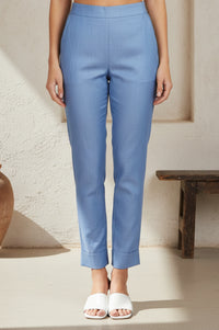 Blue Yarn Dyed Solid Lyocell Straight Fit Ankle Length Trousers