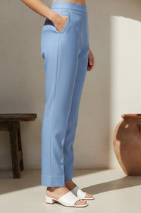 Blue Yarn Dyed Solid Lyocell Straight Fit Ankle Length Trousers