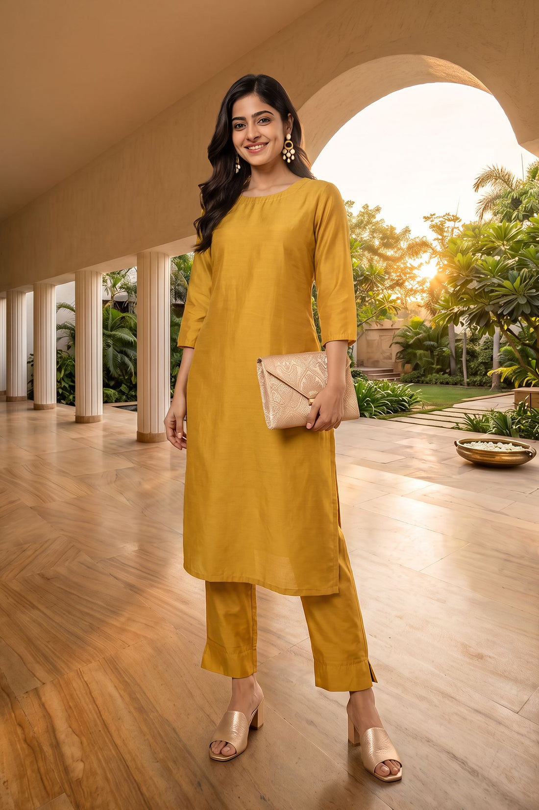 Mustard Yarn Dyed Solid Straight Fit Ankle Length Mid Rise Trousers