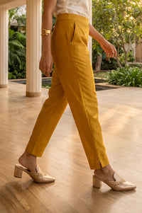 Mustard Yarn Dyed Solid Straight Fit Ankle Length Mid Rise Trousers