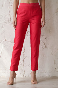 Pink Solid Straight Fit Ankle Length Mid Rise Trousers