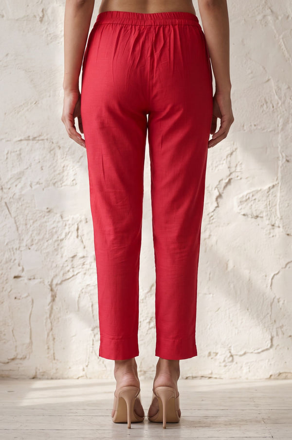 Pink Solid Straight Fit Ankle Length Mid Rise Trousers