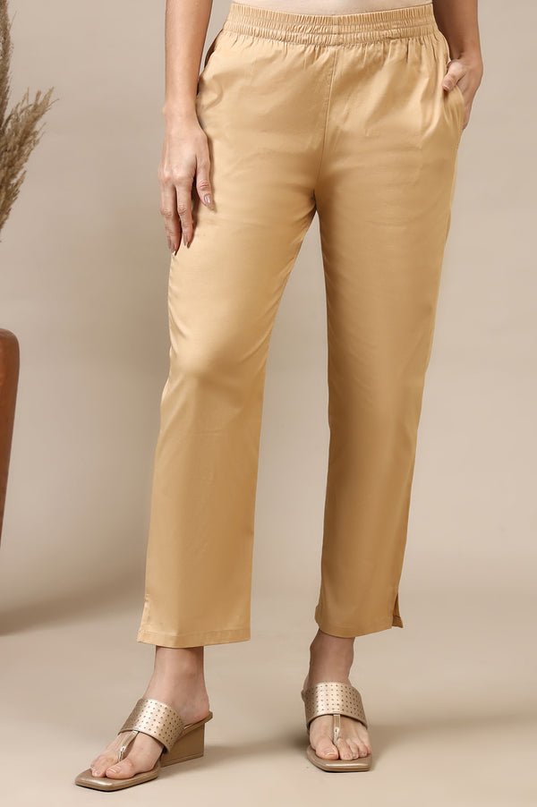 Beige Solid Cotton Lycra Trousers
