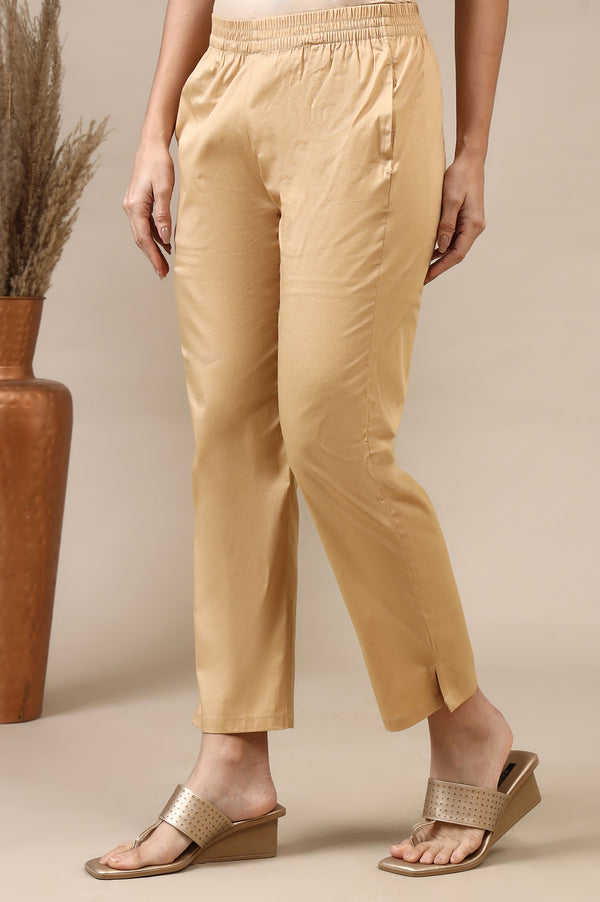 Beige Solid Cotton Lycra Trousers