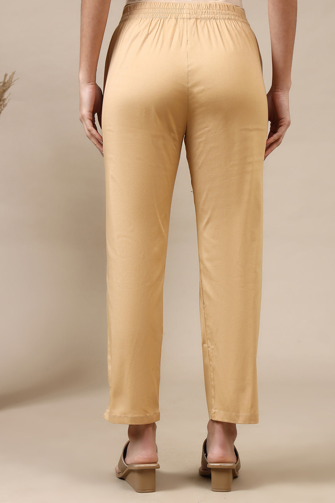 Beige Solid Cotton Lycra Trousers
