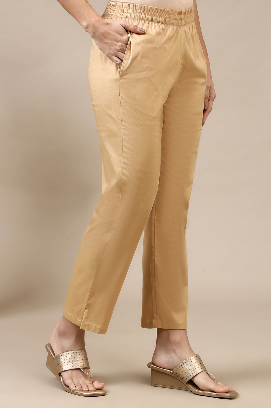 Beige Solid Cotton Lycra Trousers