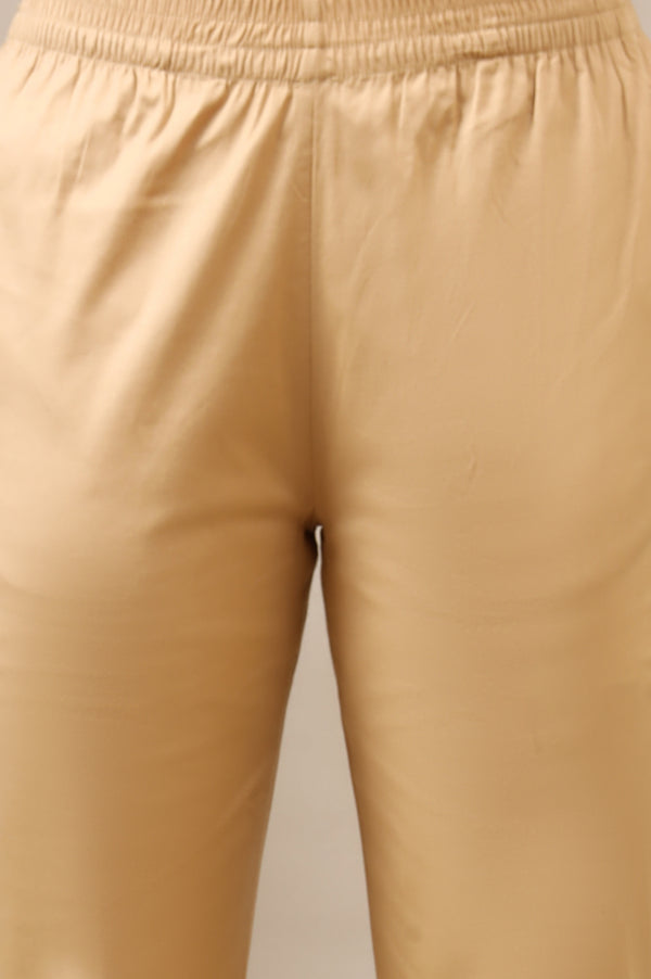 Beige Solid Cotton Lycra Trousers