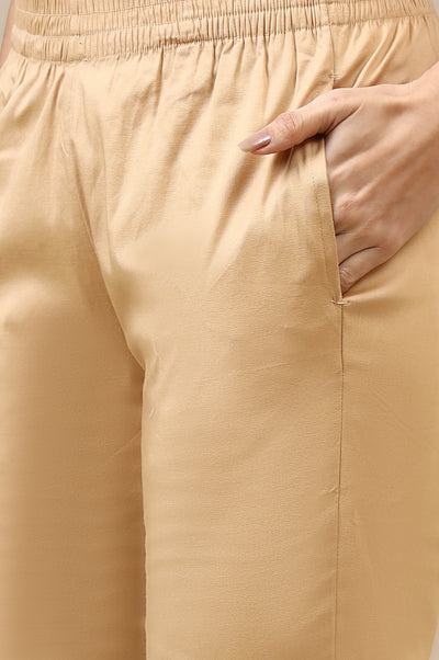 Beige Solid Cotton Lycra Trousers