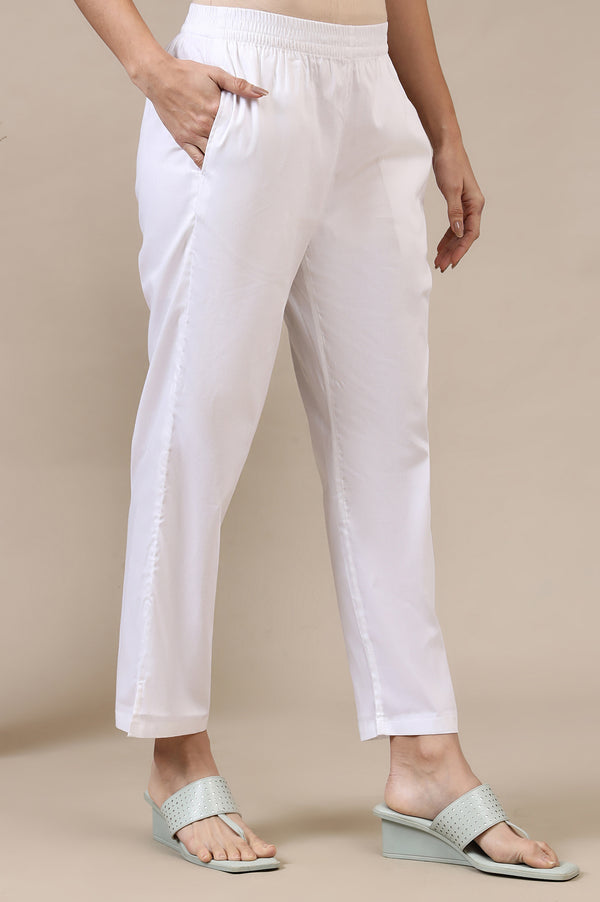 White Solid Cotton Blend Trouser Pants in Mid-Rise