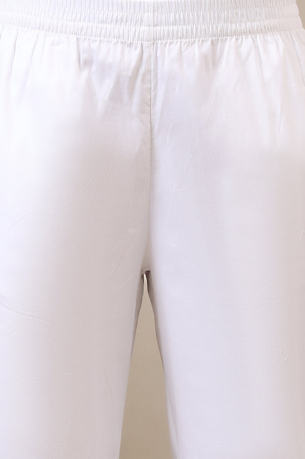 White Solid Cotton Blend Trouser Pants in Mid-Rise