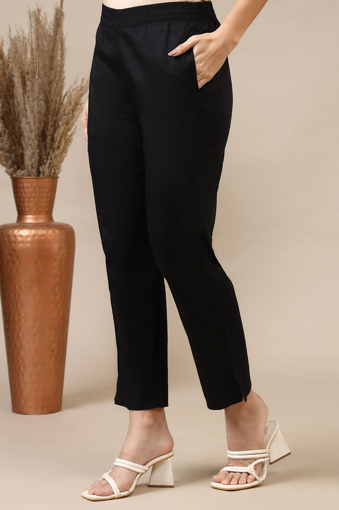Black Solid Cotton Lycra Trousers