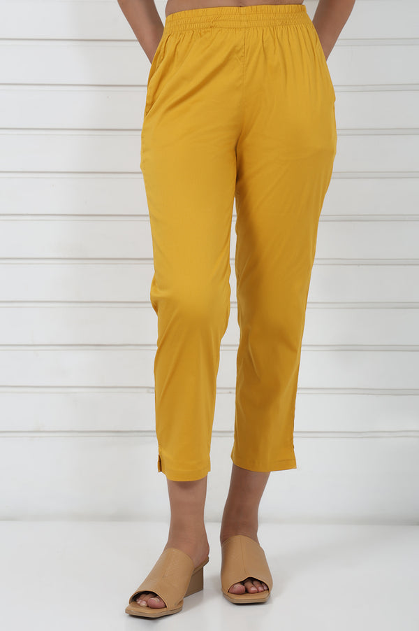 Mustard Cotton Blend Mid Rise Ankle Length Straight Trouser